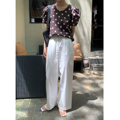 Short-sleeved Female Polka Dot Floral Korean Style Age-reducing Shirt Loose Puff Sleeves