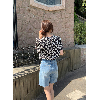 Short-sleeved Female Polka Dot Floral Korean Style Age-reducing Shirt Loose Puff Sleeves