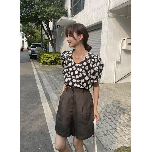 Short-sleeved Female Polka Dot Floral Korean Style Age-reducing Shirt Loose Puff Sleeves