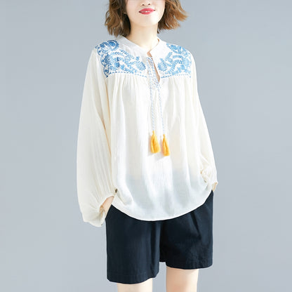 Oversized women's loose shirt with Tassels and embroidery