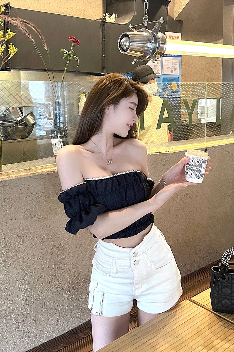 Xiyao Tibetan blue white short sleeve T-shirt women''s summer new pure desire style design sense one shoulder short vest top