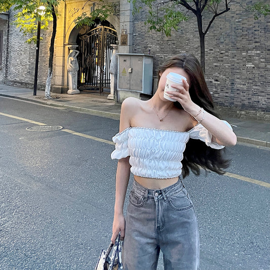 Xiyao Tibetan blue white short sleeve T-shirt women''s summer new pure desire style design sense one shoulder short vest top