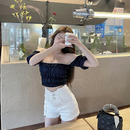 Xiyao Tibetan blue white short sleeve T-shirt women''s summer new pure desire style design sense one shoulder short vest top