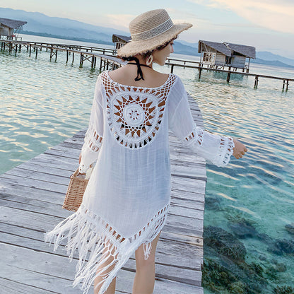 Pure Color Hollow Loose Retro Dress Summer Women