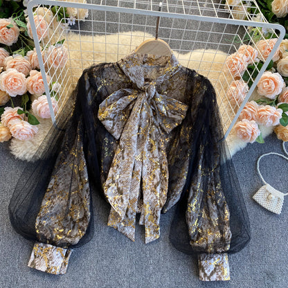 Net Gauze Lantern Sleeve Loose Retro Snakeskin Pattern Ladies Temperament Shirt