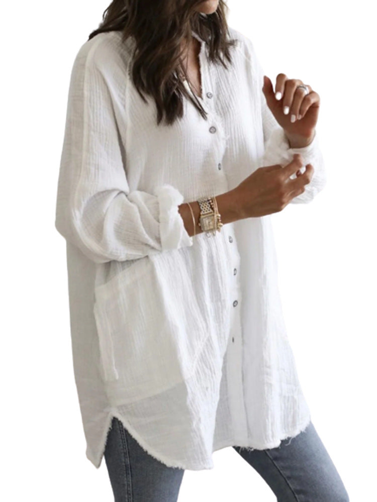 Women's V Neck Long Sleeve Button Loose Shirt Dress