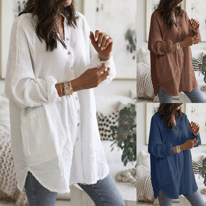 Robe chemise ample à col en V et manches longues pour femmes