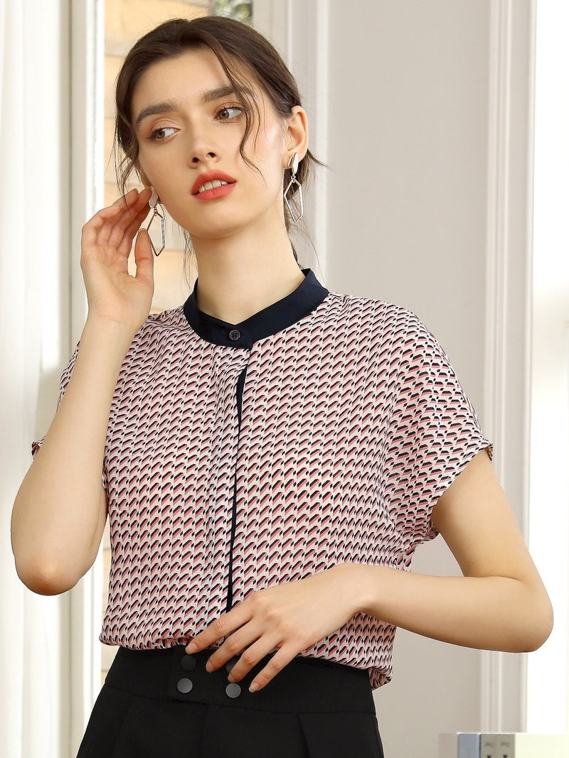 Camisa de gasa estampada a la moda, Top de manga corta de verano para mujer, estilo fino