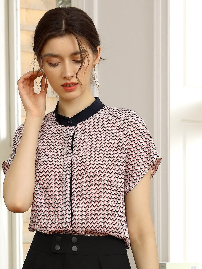 Chemise en mousseline de soie imprimée à la mode pour femmes, haut d'été à manches courtes, Style fin