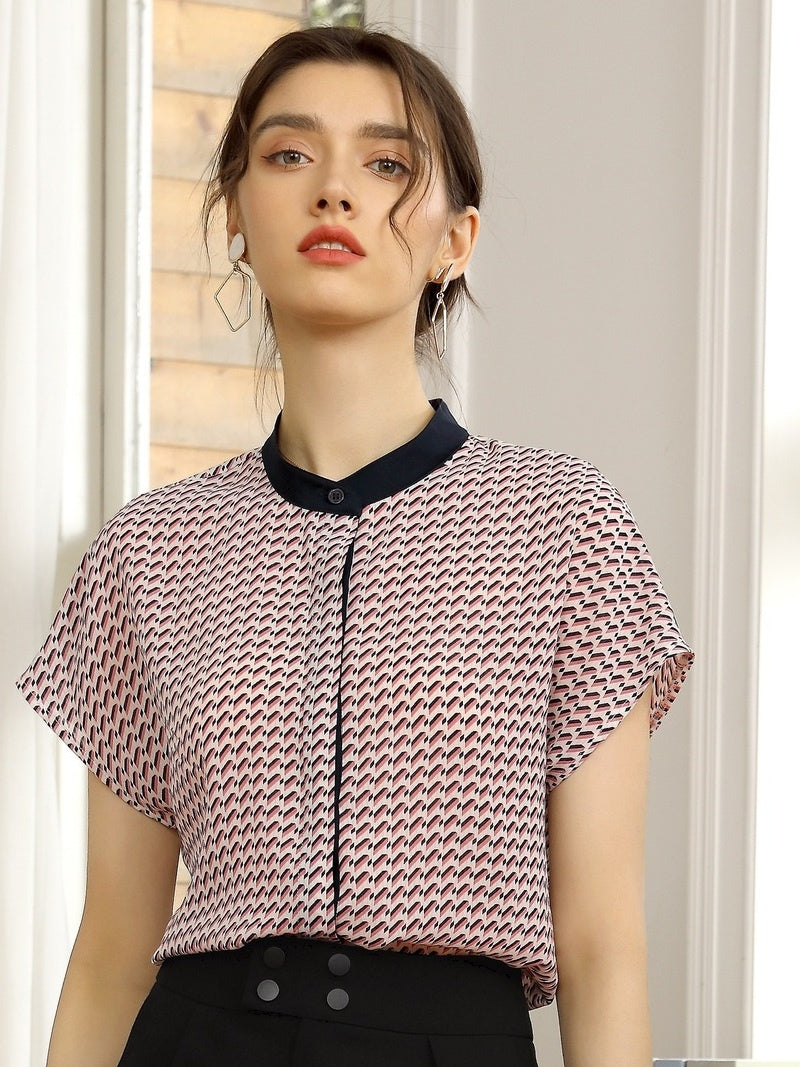 Chemise en mousseline de soie imprimée à la mode pour femmes, haut d'été à manches courtes, Style fin