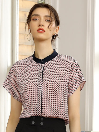 Camisa de gasa estampada a la moda, Top de manga corta de verano para mujer, estilo fino