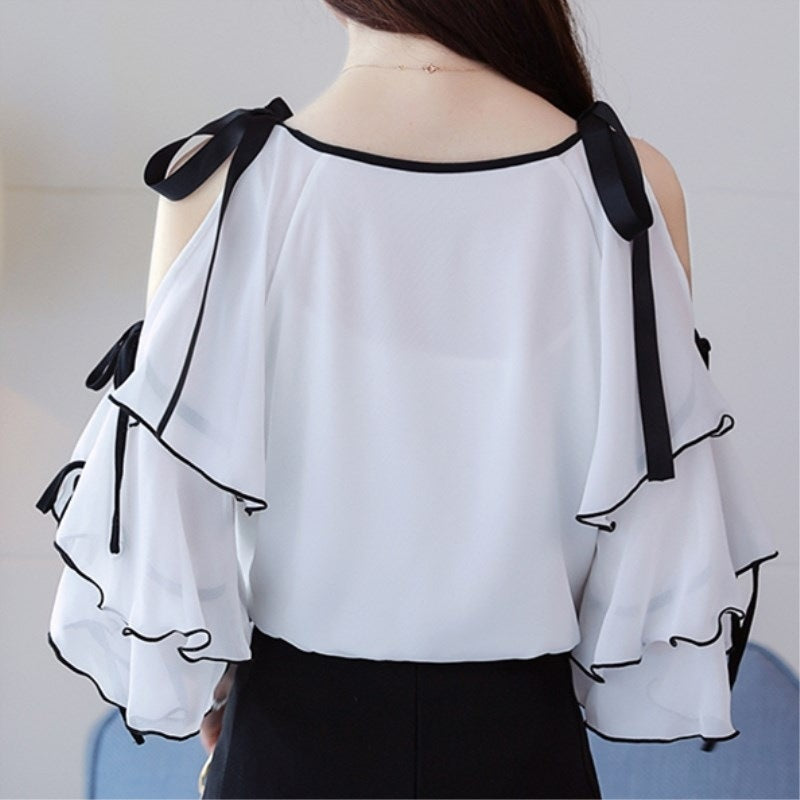 Chiffon Small Shirt Women's Off-the-shoulder Blouse Is Thin Short-sleeved Western-style Shirt