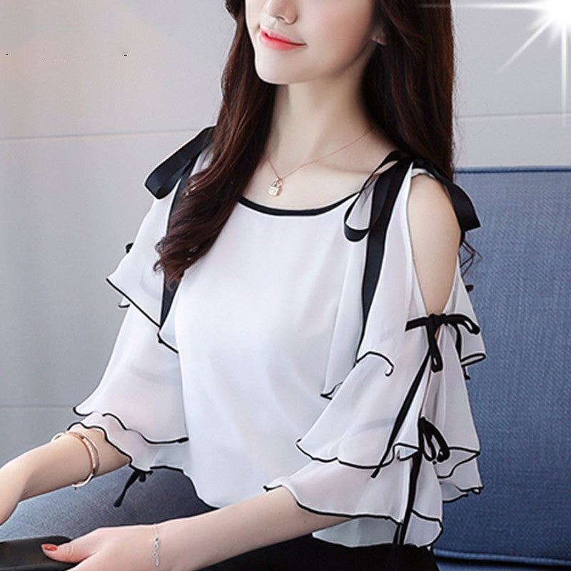 Chiffon Small Shirt Women's Off-the-shoulder Blouse Is Thin Short-sleeved Western-style Shirt