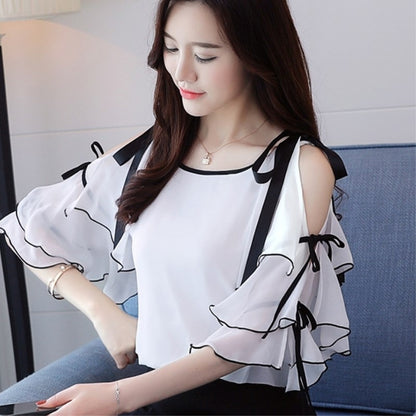 Chiffon Small Shirt Women's Off-the-shoulder Blouse Is Thin Short-sleeved Western-style Shirt