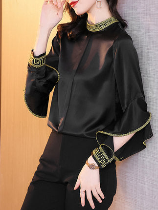 Ruffled Contrast Color Satin Shirt Temperament Design Top