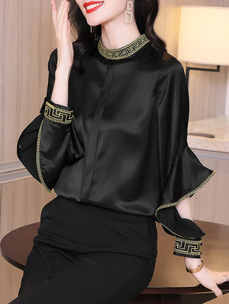 Ruffled Contrast Color Satin Shirt Temperament Design Top