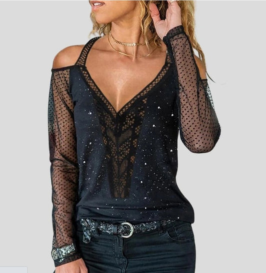 Lace Stitched V-neck Leaky Shoulder Long Sleeve Top