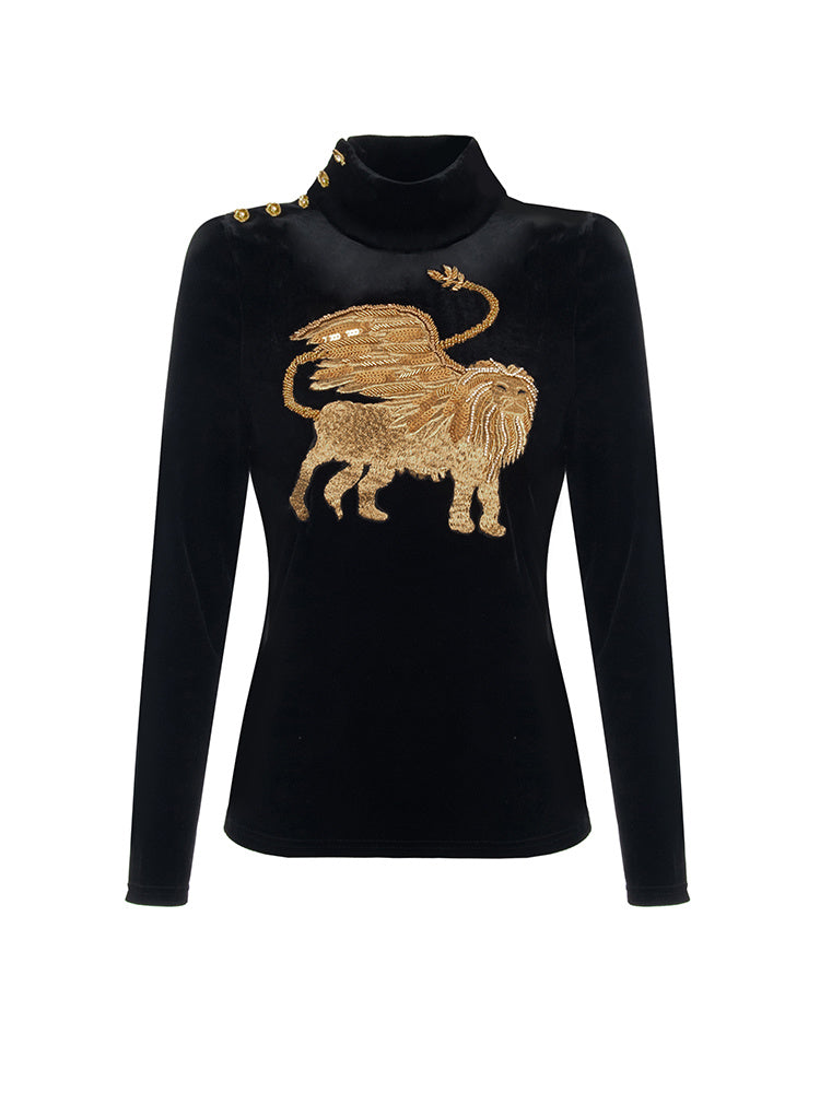 Retro Niche Palace Style Autumn And Winter CHAO Heavy Industry Foreign Style Eye-Catching Lion Embroidery Round Neck Velvet Top