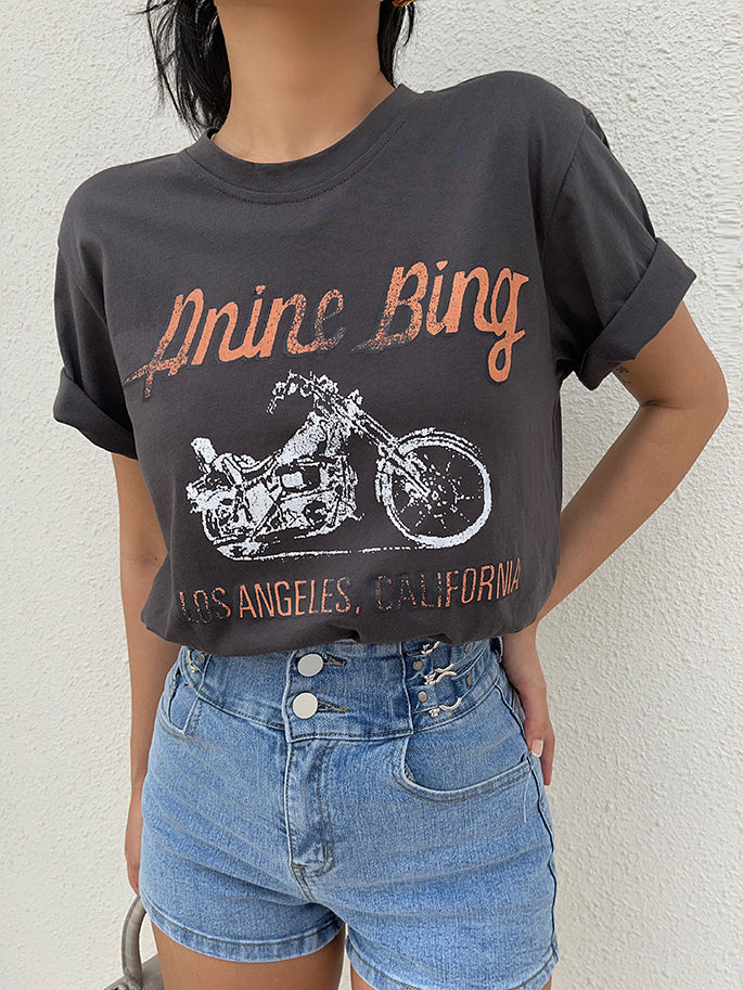 Camiseta de manga corta con estampado de letras de motocicleta retro