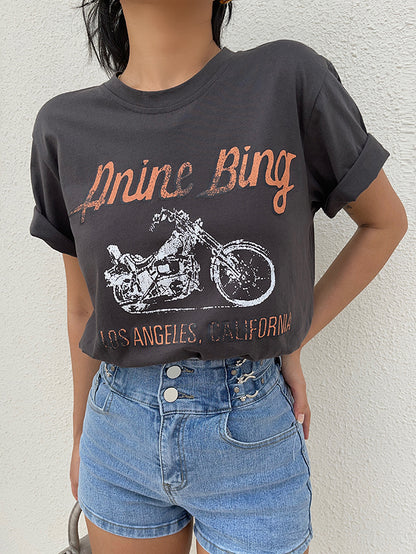 Camiseta de manga corta con estampado de letras de motocicleta retro