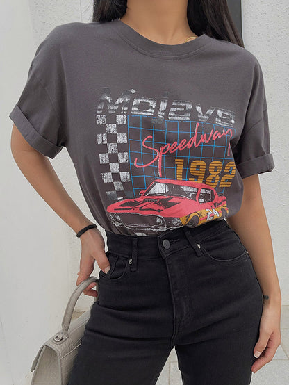 Cool Girl American Street Shooting Old Retro Racing Print T-shirt