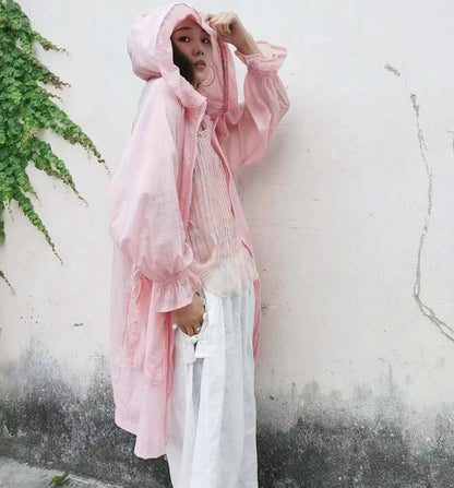 Veste à capuche avec oreilles en bois et coton pour femmes, rétro littéraire, fermeture éclair, Protection solaire, haut à manches bouffantes