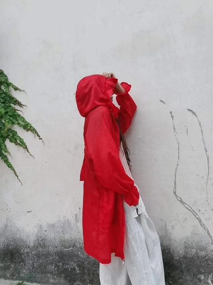 Veste à capuche avec oreilles en bois et coton pour femmes, rétro littéraire, fermeture éclair, Protection solaire, haut à manches bouffantes