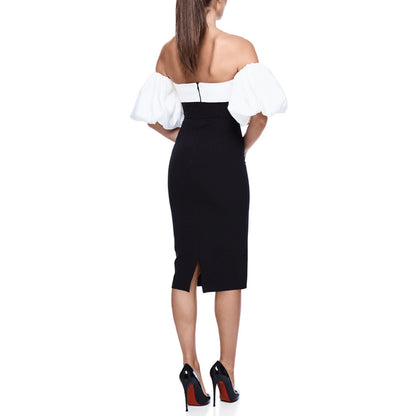 Black And White Sexy Tube Top Bandage Puff Sleeve Dress Dress