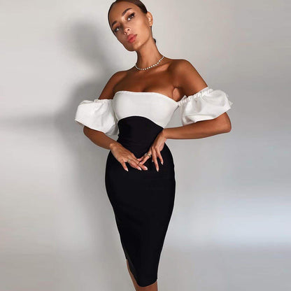 Black And White Sexy Tube Top Bandage Puff Sleeve Dress Dress