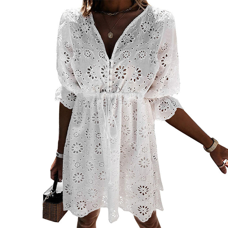 Solid Color Pullover V-neck Embroidered Dress