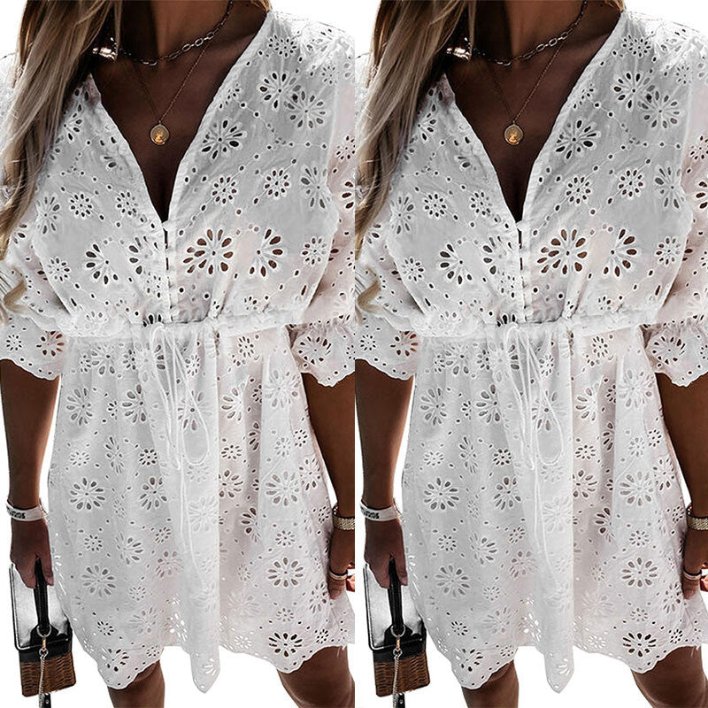 Solid Color Pullover V-neck Embroidered Dress