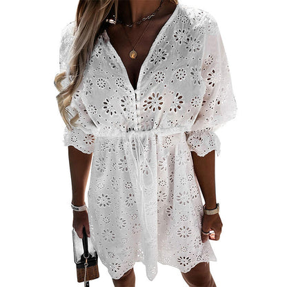 Solid Color Pullover V-neck Embroidered Dress