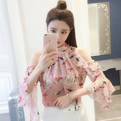 Loose Ruffle Stitching Stand Collar Floral Top Off-the-shoulder Chiffon Shirt