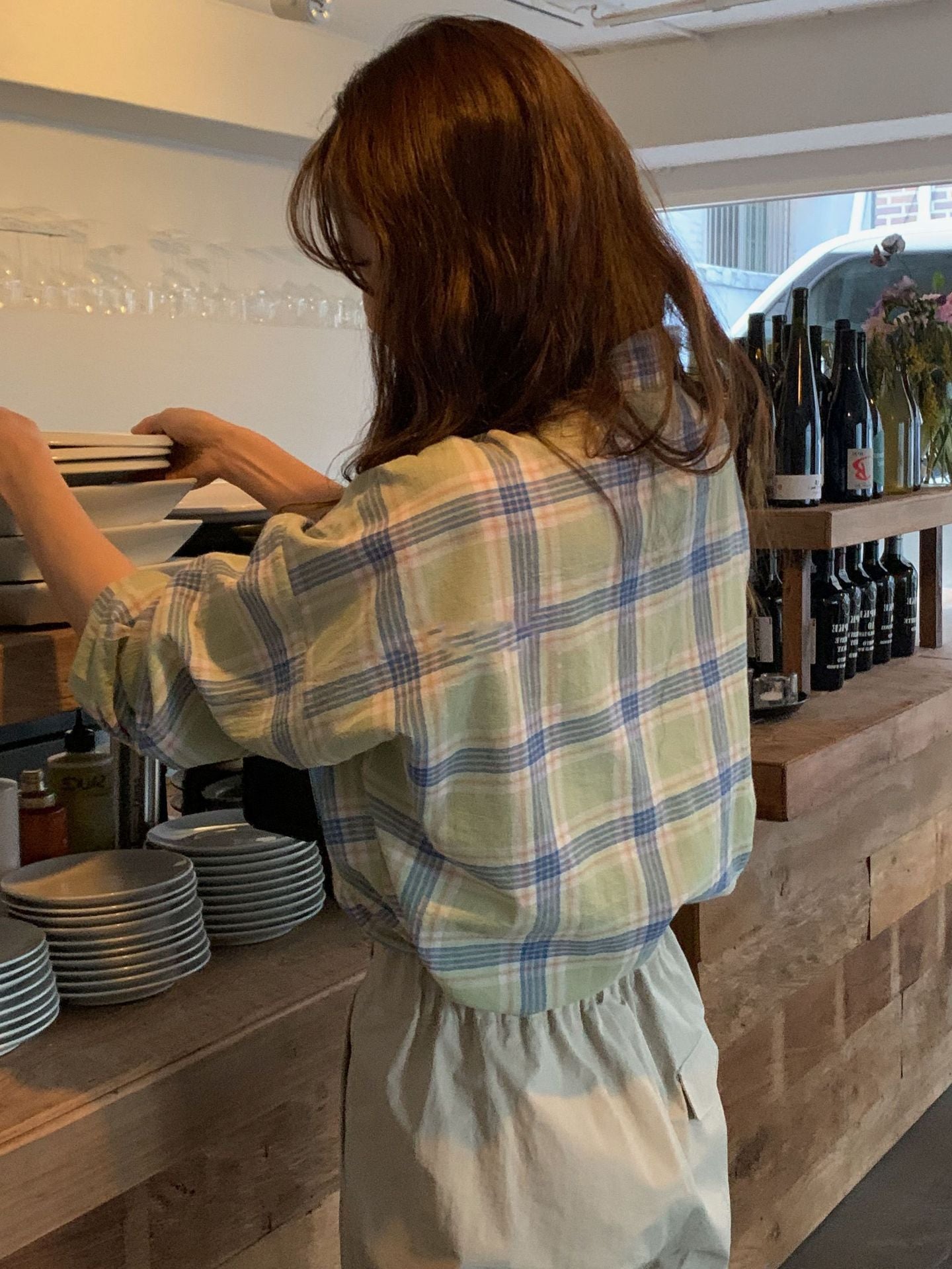 Chemise à manches longues à carreaux vert printemps rétro