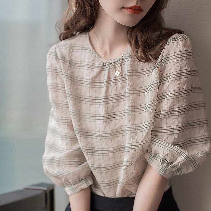 Women's Puff Sleeve Shirt Round Neck Plaid Pullover Loose Shirt