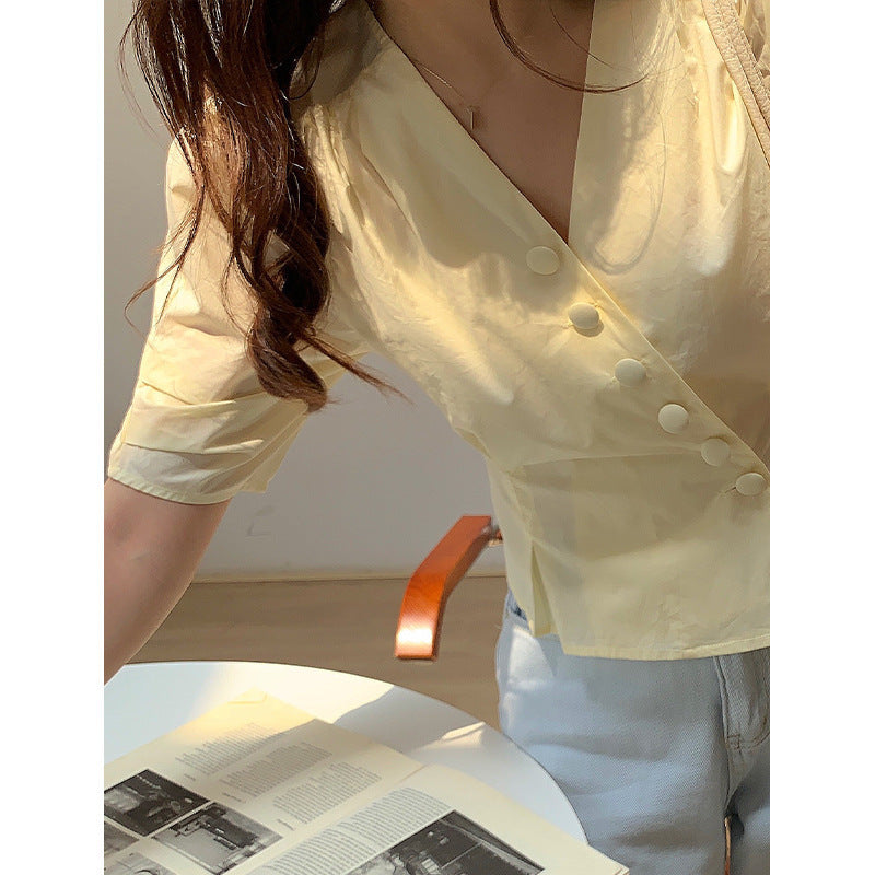 Summer New Style Korean Design Puff Sleeve Short Blouse Women