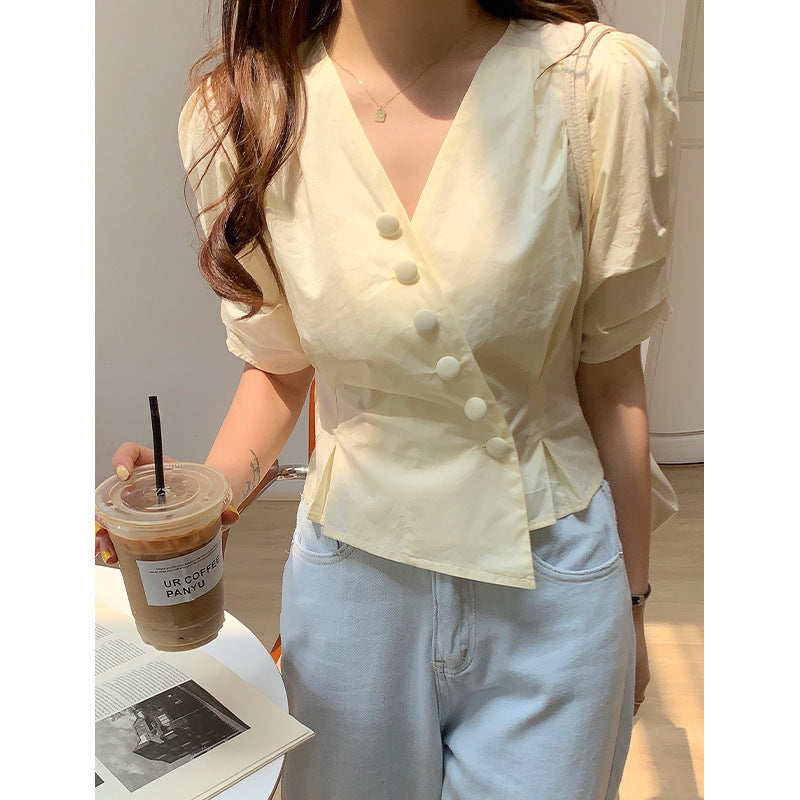 Summer New Style Korean Design Puff Sleeve Short Blouse Women