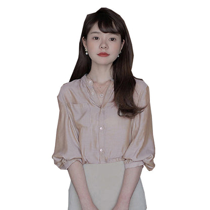 Japanese Mercerized Blouse Stand Collar Three-quarter Sleeves Gilt Shirt Loose Shirt Women