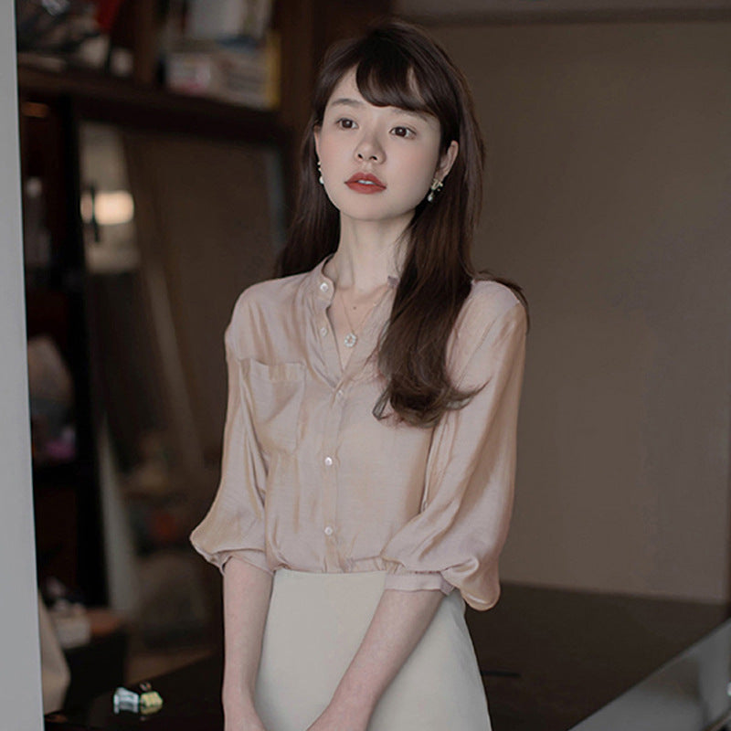 Japanese Mercerized Blouse Stand Collar Three-quarter Sleeves Gilt Shirt Loose Shirt Women