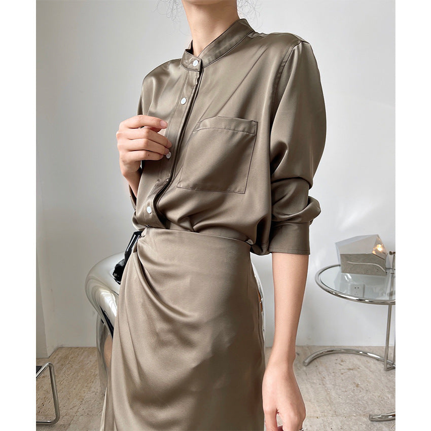 Temperament Shirt Round Neck Loose And Thin Gloss Draping Blouse Women Thin