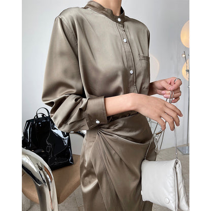 Temperament Shirt Round Neck Loose And Thin Gloss Draping Blouse Women Thin