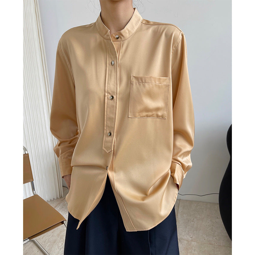 Temperament Shirt Round Neck Loose And Thin Gloss Draping Blouse Women Thin