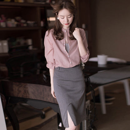 Loose Long-sleeved Pullover Top Stand-collar Commuter Shirt Mercerized Gray  Shirt