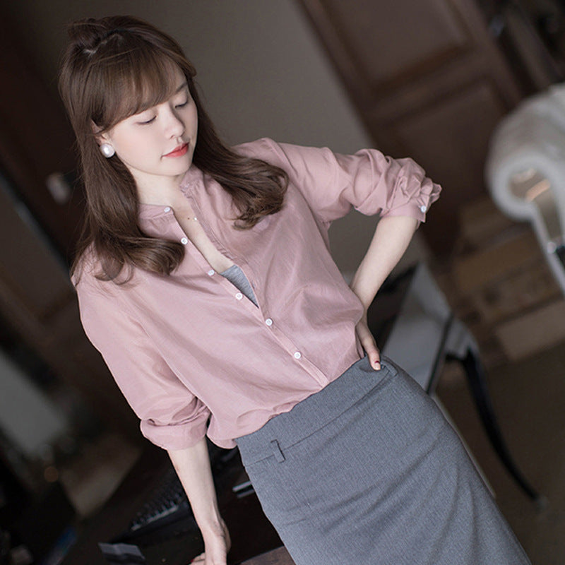 Loose Long-sleeved Pullover Top Stand-collar Commuter Shirt Mercerized Gray  Shirt