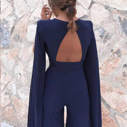 Deep V High Waist Chiffon Long Sleeve Halter One Piece Wide Leg Pants