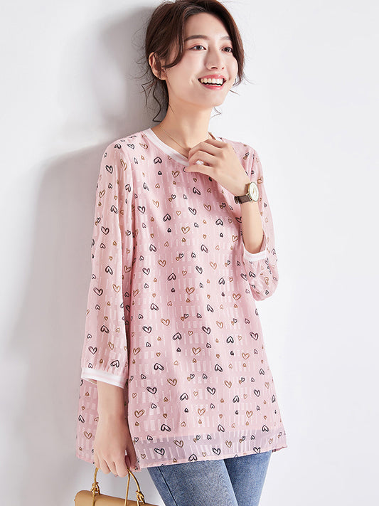 Women's Love Printed Chiffon Shirt, Three-quarter Sleeves Literary Loose Blouse