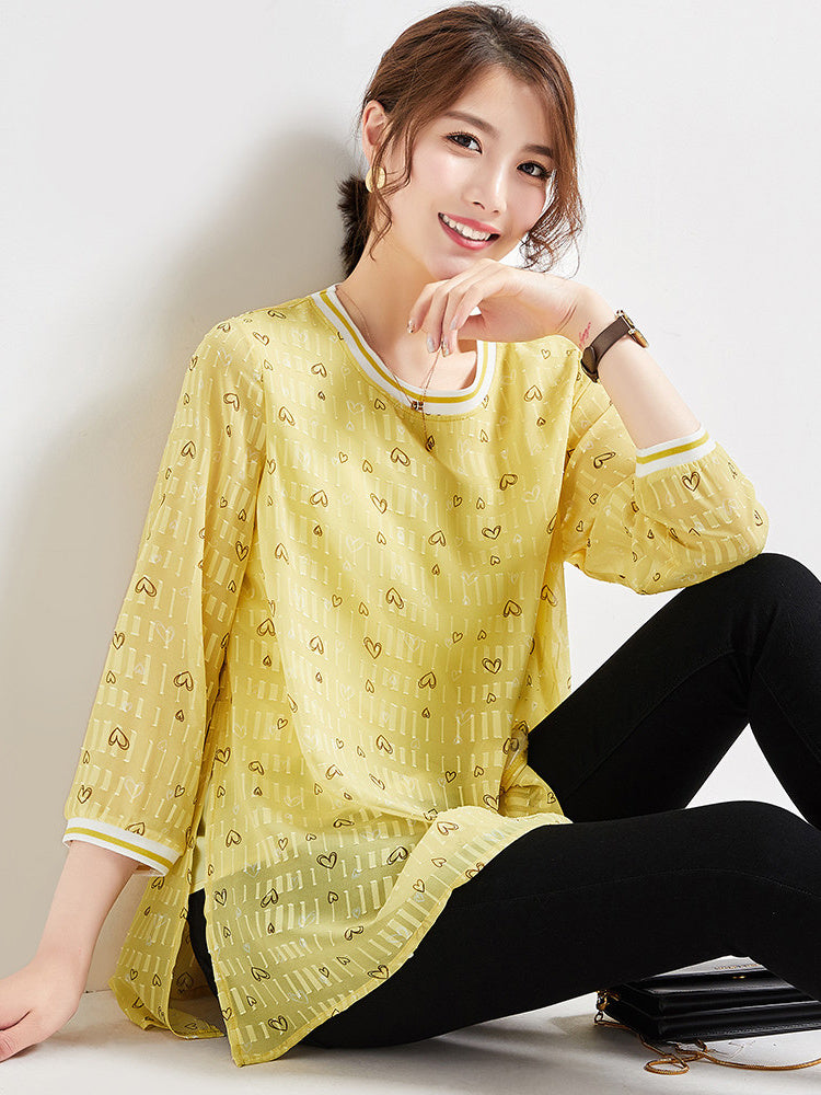 Women's Love Printed Chiffon Shirt, Three-quarter Sleeves Literary Loose Blouse