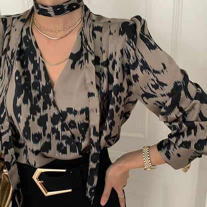 Lace-up Halter Neck V-neck Single-breasted Leopard Print Long Sleeves