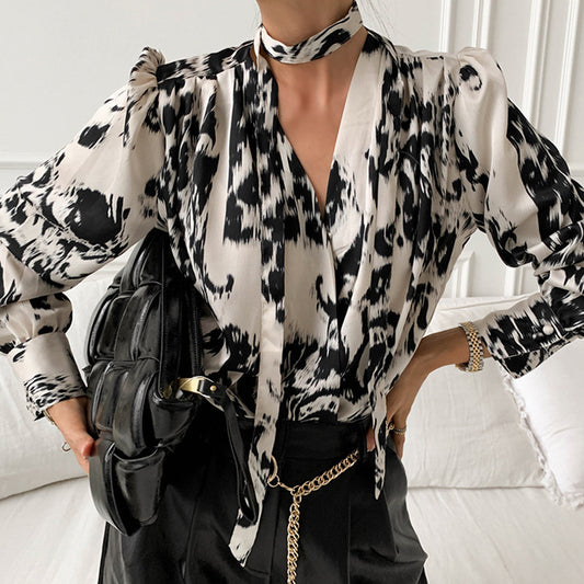 Lace-up Halter Neck V-neck Single-breasted Leopard Print Long Sleeves