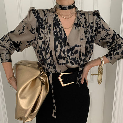 Lace-up Halter Neck V-neck Single-breasted Leopard Print Long Sleeves